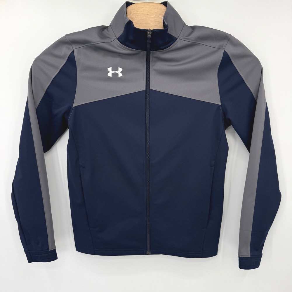 Under Armour Track Jacket Mens S Navy Blue Gray Full Zip Loose Fit Athleisure